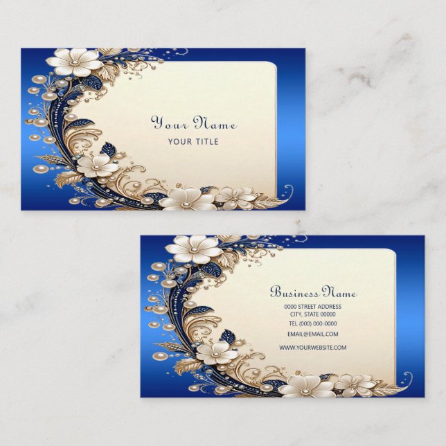 Carte de visite à embellissement floral bleu blanc (Devant / Derrière)