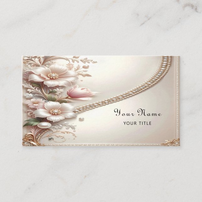 Carte de visite à embellissements floraux et perle (Devant)
