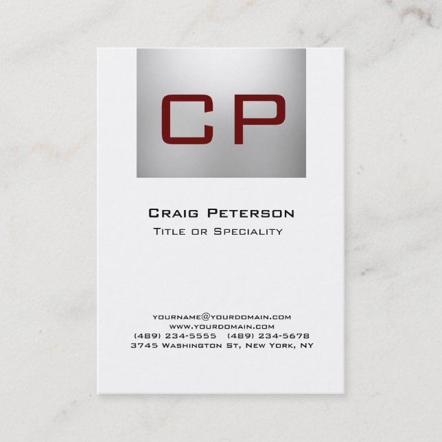 Carte de visite à monogramme vertical gris blanc r (Devant)