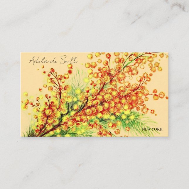 Carte De Visite a spring branch of mimosa, bright, yellow (Devant)