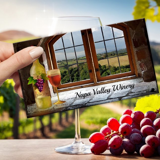 Carte de visite à thème vinicole de vignoble ou de (Artistic business card for a winery or vineyard featuring a painting of a wine bottle with glass)
