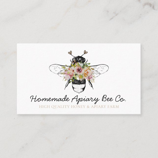 Carte De Visite Abeille à miel de rucher floral dessiné à la main  (Devant)