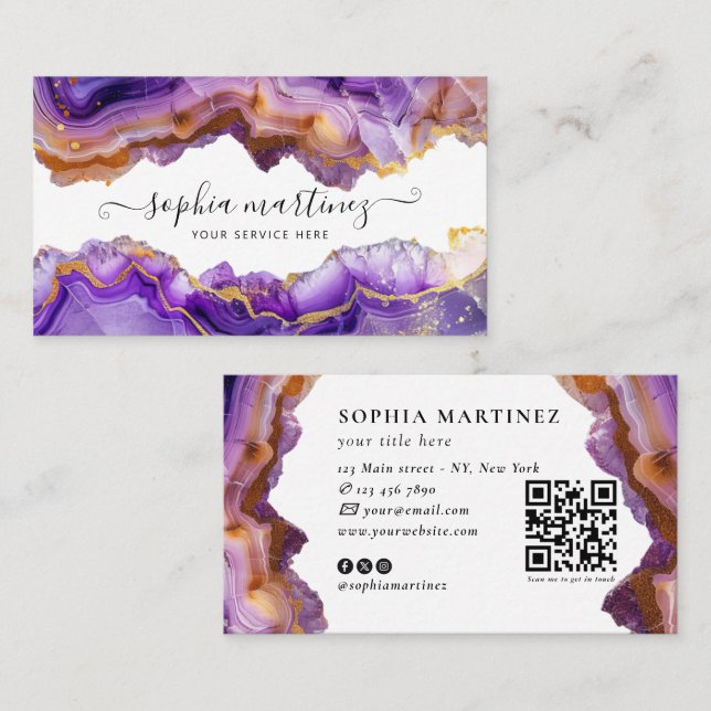 Carte De Visite Abstract Purple Agate gold glitter marble QR Code (Devant / Derrière)