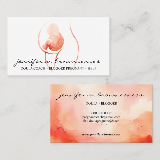 Carte De Visite Accompagnante de naissance Orange Aquarelle Encein (Devant / Derrière)