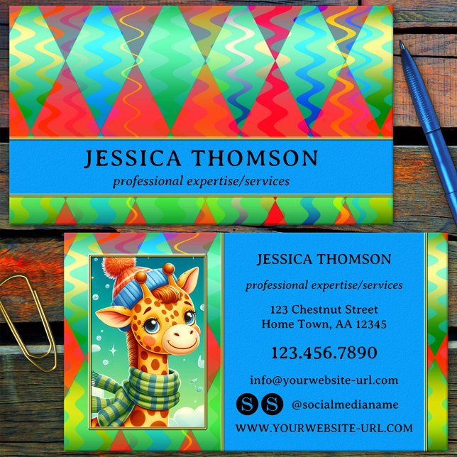 Carte de visite accrocheuse aux couleurs vives (Colorful artistic business card showing an abstract geometrical design, your photo and social media)