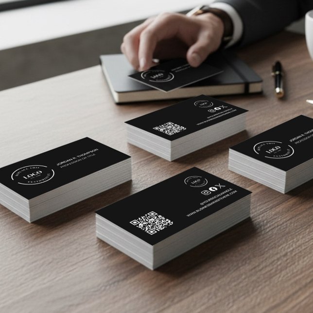 Carte De Visite Add your custom logo QR code black Modern Design (Modern minimalist black sleek business cards with logo, name, QR code, website and social handle.)