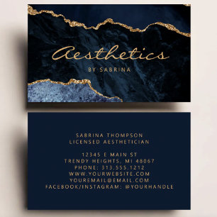 Carte De Visite Aesthetician Luxe Pailleté Or Agate Bleu Marine
