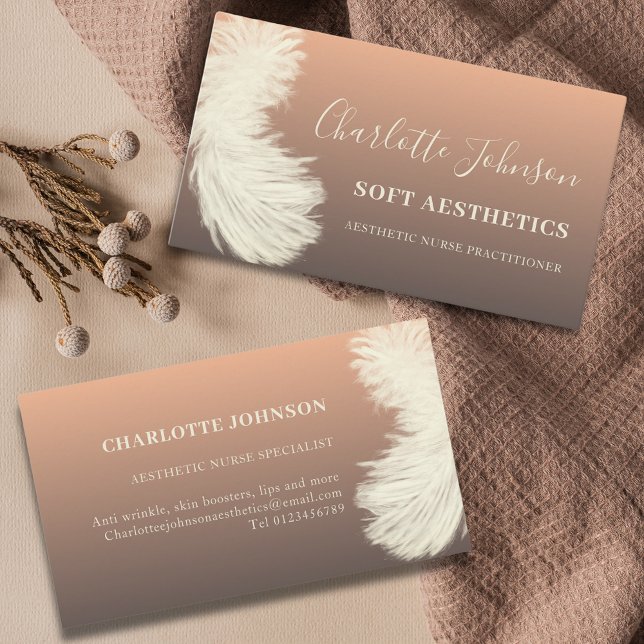 Carte De Visite Aesthetics Skincare Modern Peach Feather (Nurse aesthetics elegant peach feather custom business card)