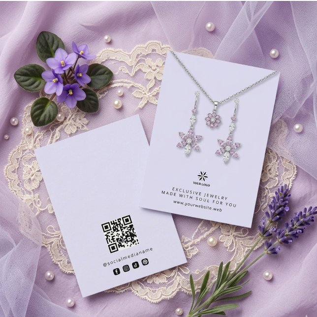 Carte De Visite Affichage de bijoux lavande numérique de base Logo (Basic Minimalist Digital Lavender Jewelry Display Card Template, featuring Business Logo, Custom QR.)