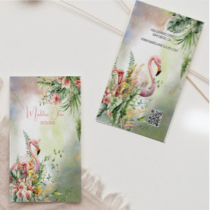 Carte De Visite Affichage du code QR du Flamant rose floral tropic