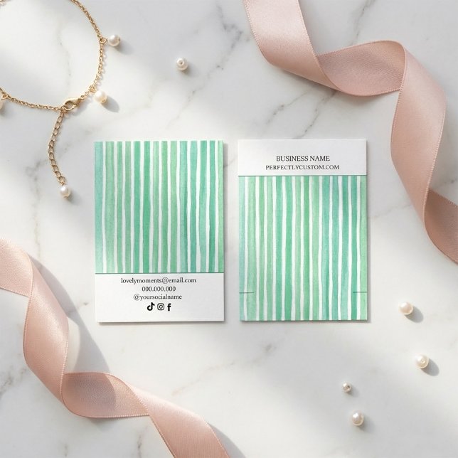 Carte De Visite Affiche de bracelet à rayures aquarelles vert ment (#JewelryDisplayCard
#BraceletCard
#NecklaceCard
#FavorTagDesign
#WatercolorStripes
#MintGreenDesign
)