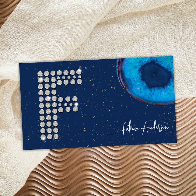 Carte De Visite Agate bleu diamant chic Lettre F initiale Monogram (Front)