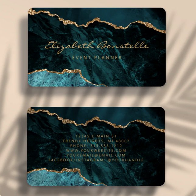 Carte De Visite Agate Bleu Sarcelle Paillettes Or Luxe Arrondi (Créateur téléchargé)