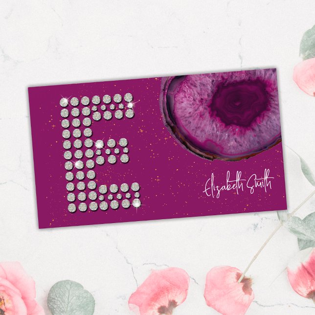 Carte De Visite Agate de prune de diamant chic Lettre initiale E M (Front)