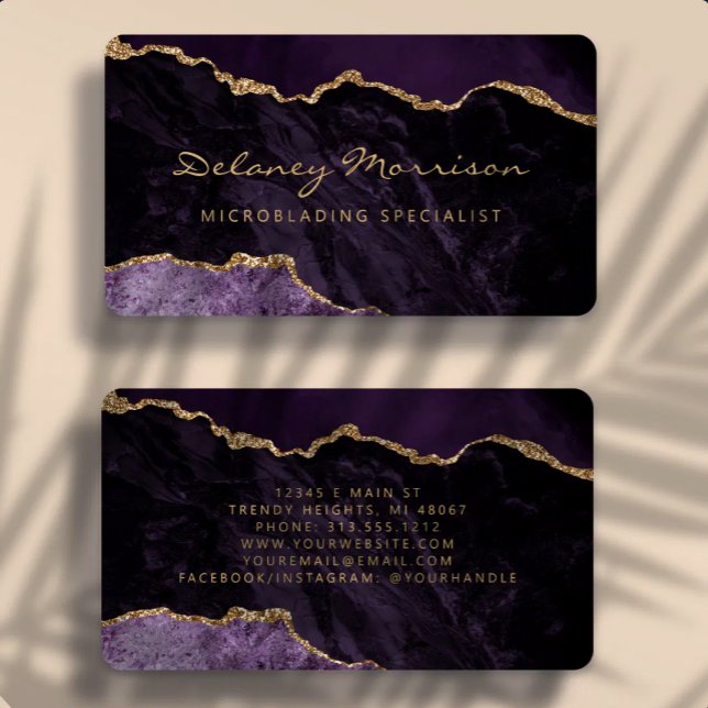 Carte De Visite Agate Gold Violet Microblading Coins Arrondis (Créateur téléchargé)