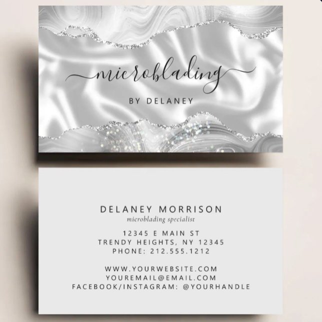 Carte De Visite Agate Gris Argent Paillettes Luxe Microblading (Créateur téléchargé)
