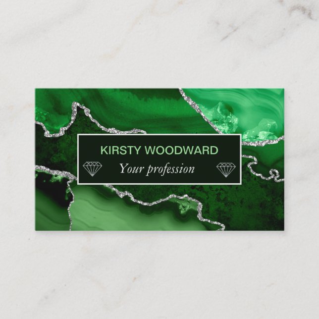 Carte De Visite Agate Marbre Paillettes Vert et Faux Argent (Devant)