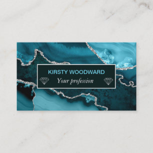 Carte De Visite Agate Marbrée Teal et Faux Argent