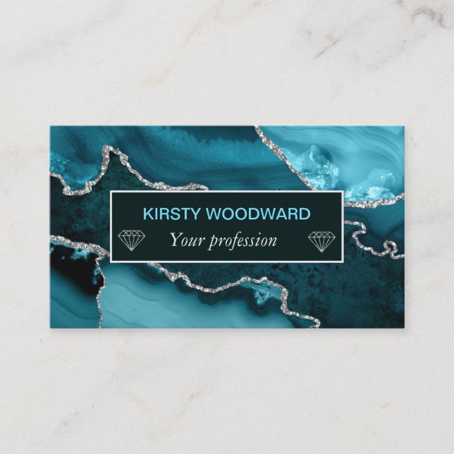 Carte De Visite Agate Marbrée Teal et Faux Argent (Devant)