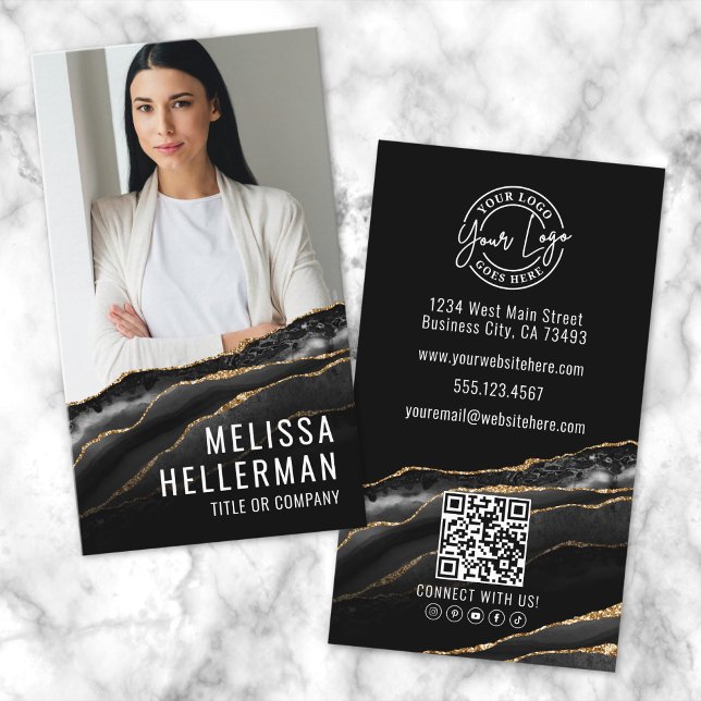 Carte De Visite Agate noire dorée élégante professionnelle (Elegant Professional Black Gold Agate Business Card)