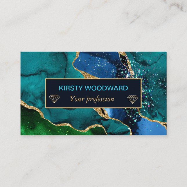 Carte De Visite Agate pailletée bleu, vert et or faux (Devant)