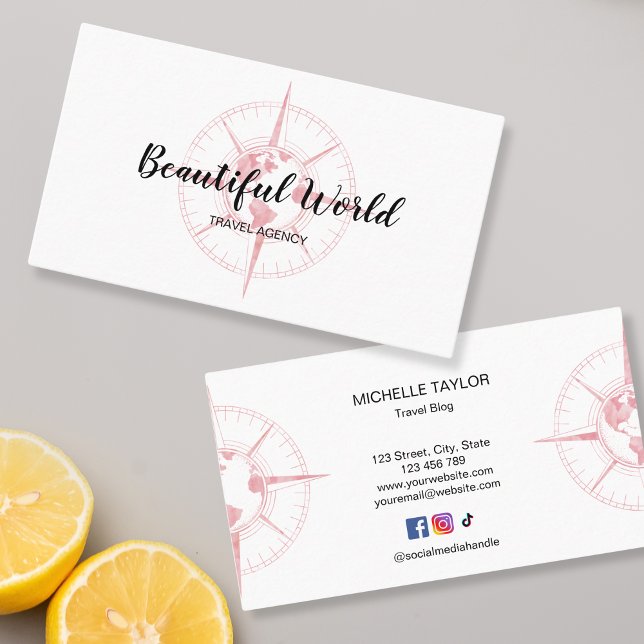 Carte De Visite Agence de Voyage Blog World Map Compass (pink watercolor compass with globe)