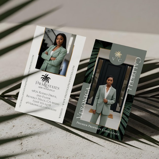 Carte De Visite Agence Immobilière de Luxe Palm Tree Monogram Phot (Elegant Luxury Tropical Palm Tree Monogram Photo Business Card)