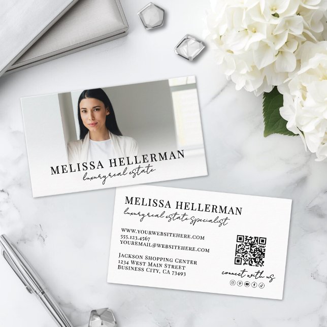 Carte De Visite Agence Immobilière Script Noir Blanc (Black White Script Real Estate Business Card )