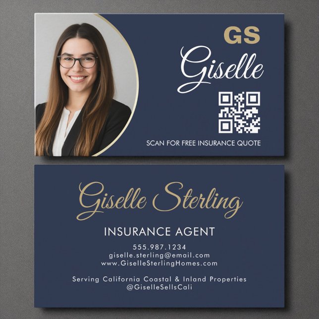 Carte De Visite Agent d'assurance Marine Blue Gold Photo QR Code (Créateur téléchargé)