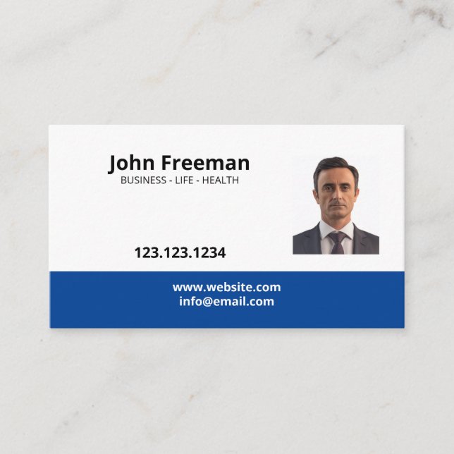 Carte De Visite Agent d'assurance photo simple bleu et blanc (Devant)