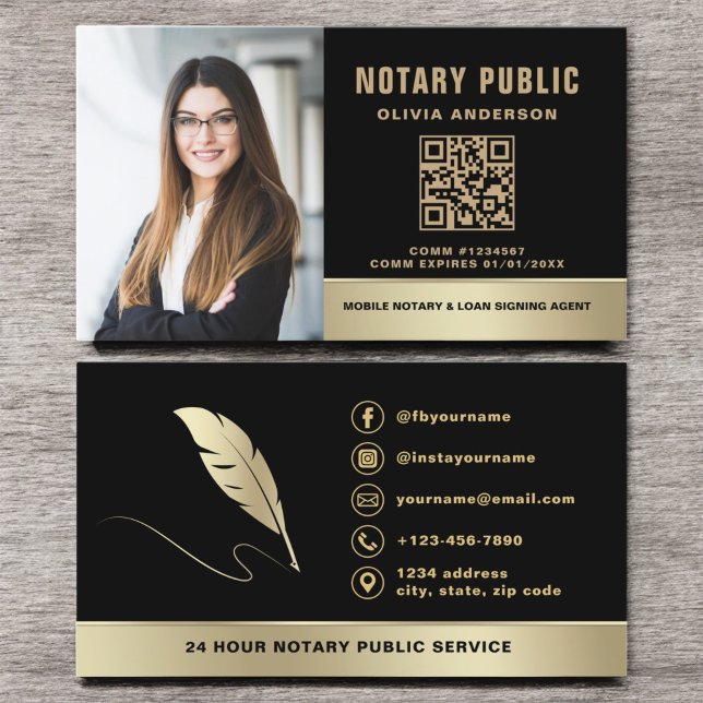 Carte De Visite Agent de signature de notaire QR Code photo noir e (Créateur téléchargé)