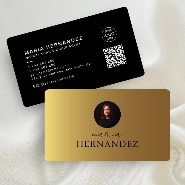 Carte De Visite Agent de signature de prêt noir Gold Black photo c (Notary loan signing agent Gold Black photo QR code Business Card)
