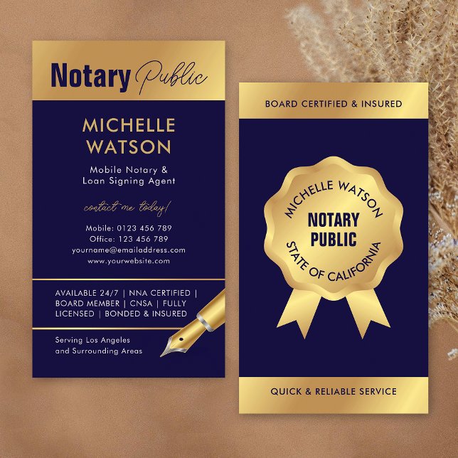 Carte De Visite Agent de signature de prêt notaire Marine moderne  (Modern notary loan signing agent business cards in navy blue and gold)