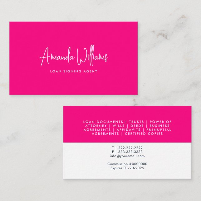 Carte De Visite Agent de signature notariale vibrant rose chaud Li (Devant / Derrière)