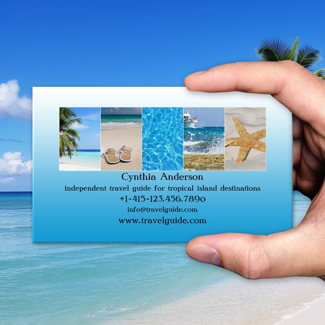 Carte De Visite Agent de voyage Code QR de destination tropicale (Blue tropical beach travel agent business card)