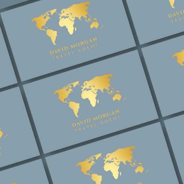 Carte De Visite Agent de voyage Gold World Map Dusty Blue (Créateur téléchargé)