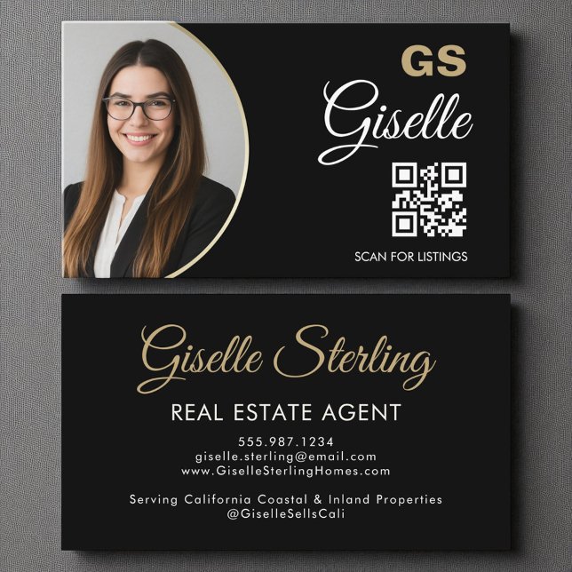 Carte De Visite Agent immobilier Black Gold Photo QR Code (Créateur téléchargé)