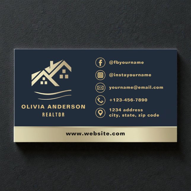 Carte De Visite Agent immobilier bleu marine or maison (Créateur téléchargé)