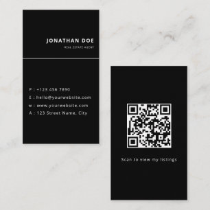 Carte De Visite Agent immobilier code QR noir vertical de luxe
