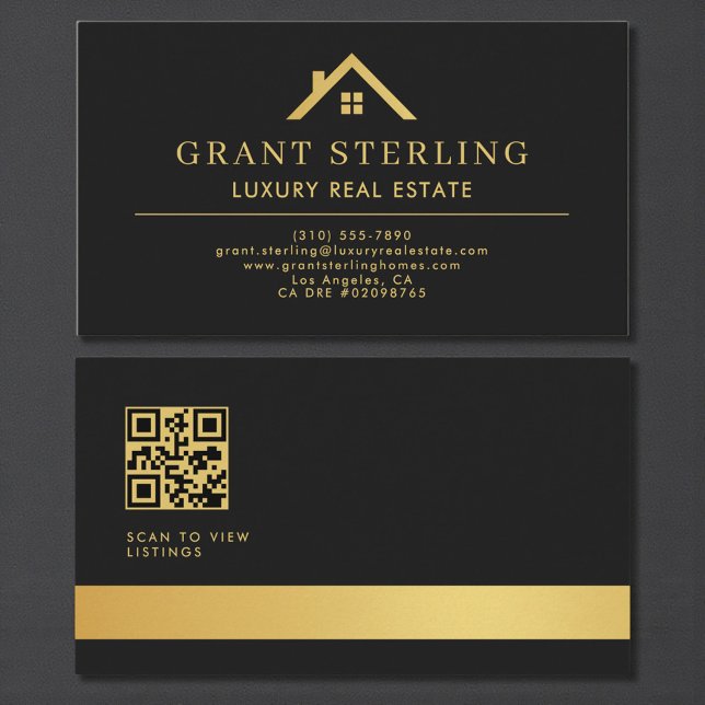 Carte De Visite Agent immobilier de luxe Code QR Noir Or (Créateur téléchargé)