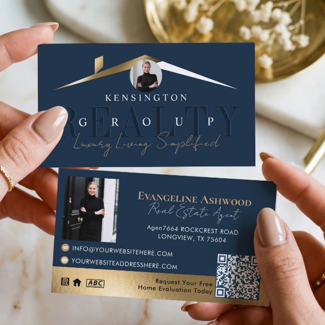 Carte De Visite Agent immobilier de luxe pour maisons Navy Gold Ph (Luxury Home Real Estate Agent Navy Gold Photo Business Card)