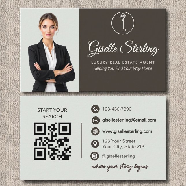 Carte De Visite Agent immobilier de luxe Sage Green Photo QR Code (Créateur téléchargé)