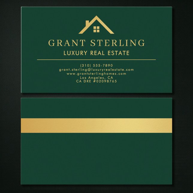 Carte De Visite Agent immobilier de luxe vert métallisé or (Créateur téléchargé)