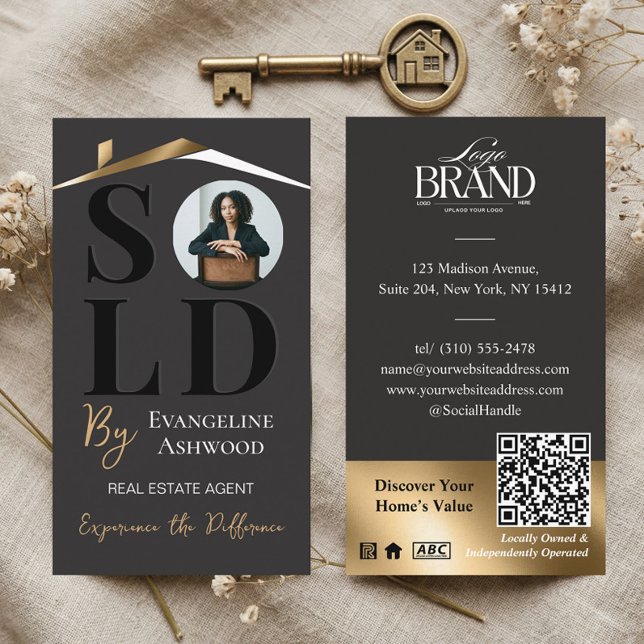 Carte De Visite Agent immobilier de maisons de luxe vendues Black  (Sold Luxury Home Real Estate Agent Black Gold QR Business Card)