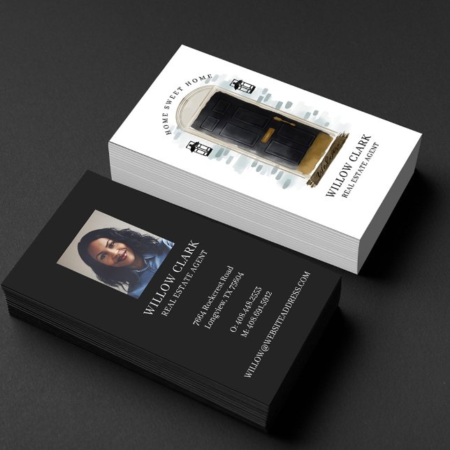 Carte De Visite Agent immobilier de porte avant en aquarelle noire (Créateur téléchargé)