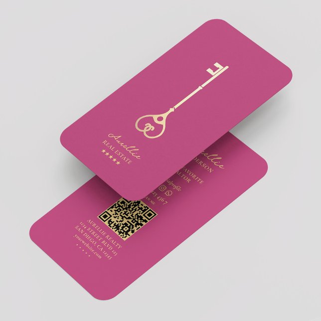 Carte De Visite Agent immobilier Elegant Pink Gold Key Moderne (Real Estate Agent Elegant Pink Gold Key Modern Business Card
)