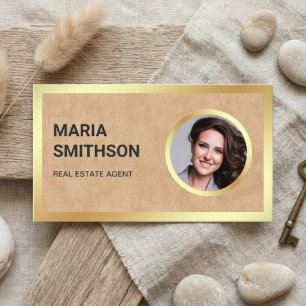 Carte De Visite Agent immobilier en cuir marron avec feuille d'or