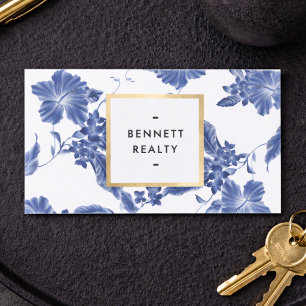 Carte De Visite Agent immobilier floral Delft bleu élégant