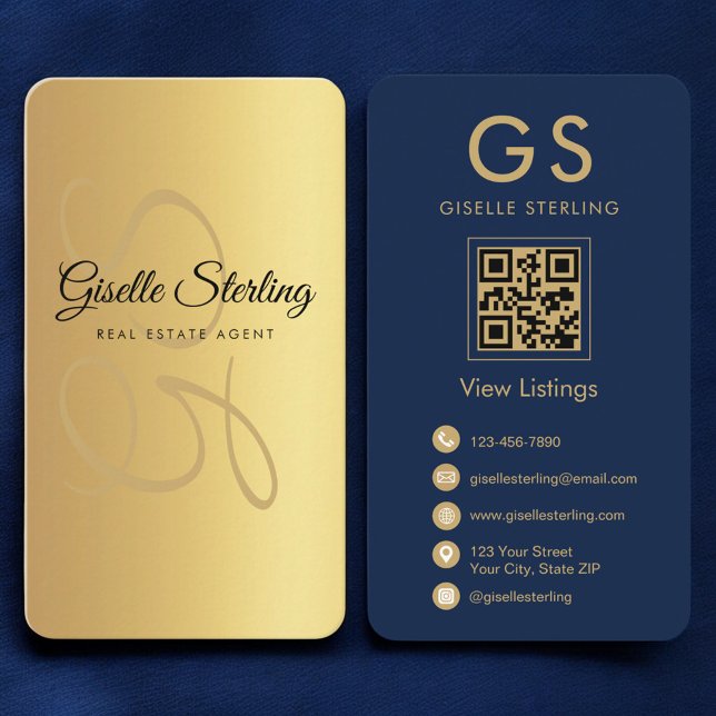 Carte De Visite Agent immobilier Gold Navy Blue QR Code Monogramme (Créateur téléchargé)