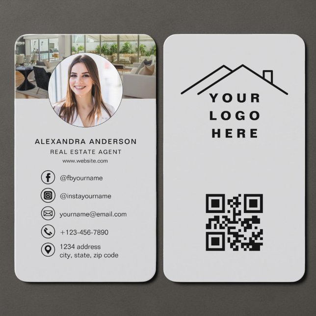 Carte de visite Agent Immobilier Gray QR Code Phot (Créateur téléchargé)